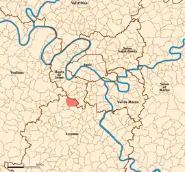 Location (in red) within Paris inner and outer suburbs