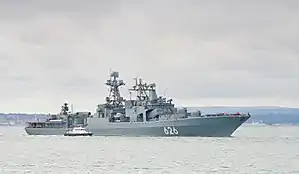 SS-N-14 Silex missile launchers aboard the Udaloy-class destroyer Vice Admiral Kulakov arriving at Portsmouth Naval Base, United Kingdom, August 2012.