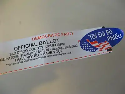 An "I Voted" sticker for voters in San Diego County, California