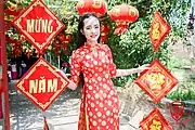 Woman wears an áo dài for Tết.