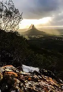 The view from Mt Ngungun. looking towards Mt Coonowrin and Mr Beerwah. Mt Beerwahh is the mountain at the back and Mt Coonowrin is at the front.