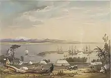 a colour lithograph of a landscape of a harbour, with mountain ranges on the horizon. Men and tents are in the foreground