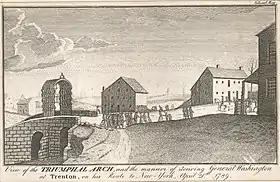 The bridge over the Assunpink Creek as shown in the View of the Triumphal Arch, engraving attributed to  James Trenchard, 1789