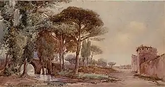 The gardens of the Villa and the Aurelian Walls in the early 1880s, in a painting of Ettore Roesler Franz