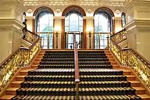 Looking upstairs in the lobby staircase within the former center wing of the Villard Houses