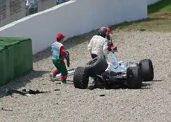 Villeneuve walks away from his crashed F1.06 at the 2006 German Grand Prix, his last F1 race.