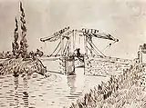 Drawbridge with Lady with Parasol, pen and ink, 23.5 × 31 cm., 1888, Los Angeles County Museum (F1471)