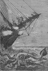 #18 (30/11/1861)Engraving by Henri Théophile Hildibrand from Twenty Thousand Leagues Under the Sea (1871), whose depiction of the giant squid was undoubtedly inspired by the Alecton encounter. Bernard Heuvelmans's The Kraken and the Colossal Octopus incorrectly described this illustration as "[t]he Alecton squid after Arthur Mangin, 1864".