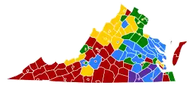 Virginia counties colored either red, blue, yellow, green, or purple based on the populations most common ancestry. The south-east is predominately purple for African American, while the west is mostly red for American. The north has yellow for German, with two small areas green for Irish. Yellow is also found in spots in the west. A strip in the middle is blue for English.