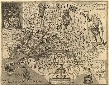 Old-fashioned hand-drawn map of Virginia and the surrounding area, with the Chesapeake Bay at center, oriented with the north at the right