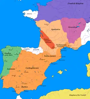 Image 38The greatest extent of the Visigothic Kingdom of Toulouse, c. 500, showing Territory lost after Vouillé in light orange (from History of Spain)