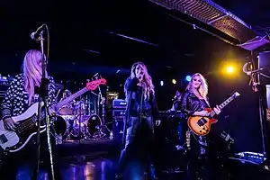 Vixen in 2018 (l-r) Share Ross, Roxy Petrucci (drum), Janet Gardner and Britt Lightning.