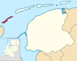 Highlighted position of Vlieland in a municipal map of Friesland