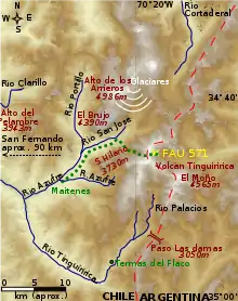 A topographic map of the area surrounding the plane crash site with Parrado and Canessa's route marked