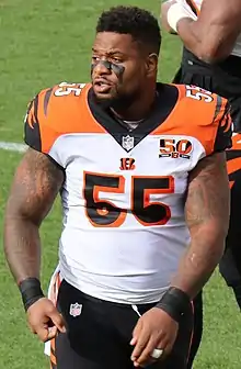 Burfict with his helmet off and Bengals uniform on