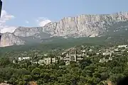 The Vorontsov Palace with the dominant Crimean Mountains in the background.