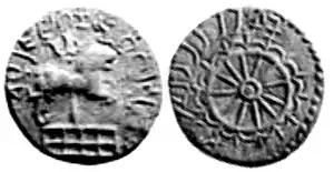 Silver coin of a "King Vrishni" (of the Audumbaras according to Cunningham).Obv Pillar with half-lion and half-elephant, surmounted by a Triratna symbol and surrounded by Buddhist railing. Brahmi legend Vṛishṇi Raja jnâgaṇyasya blubharasyaRev  Large Dharmachakra symbol. Kharosthi legend Vrishni Raja jnâganyasya blubharasya. of