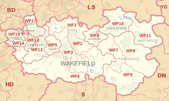 WF postcode area map, showing postcode districts, post towns and neighbouring postcode areas.