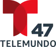 The Telemundo network logo, a T with two circular overlapping components. To the right and under the T, the number 47. Beneath it, in a sans serif, the word Telemundo.