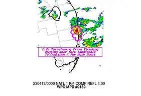 Annotated radar image of the storms