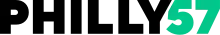 Black bold letters "PHILLY" next to, and with the Y overlapping, a green numeral 57.