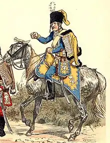 A Prussian hussar in 1763: his sabretache carries the cypher of Frederick the Great