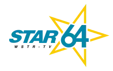 At left, the italicized blue lettering "STAR" next to the blue numeral 64 encased in five yellow points that outline a tilted star. The call sign W S T R - TV is displayed in black beneath the word STAR.