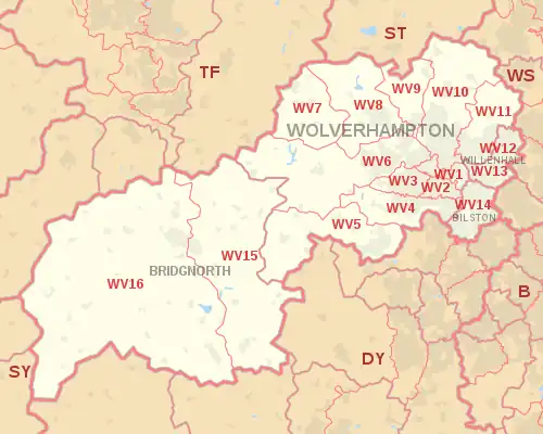 WV postcode area map, showing postcode districts, post towns and neighbouring postcode areas.