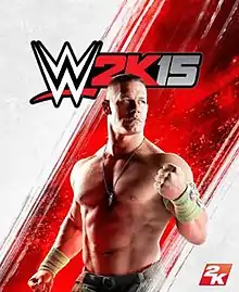 A picture of John Cena is seen on a white background with a red striped line in the middle. The game's logo appears on the top.