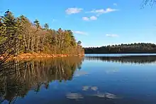 Walden Pond in Concord, Massachusetts is an example of a natural site listed on the NRHP.