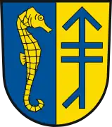 Some municipal coats of arms of Germany involve house marks, in this example the arms of Hiddensee, which show a house mark per pale alongside a sea-horse.