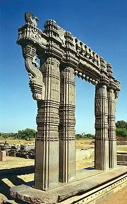 Kakatiya Kala Thoranam (the Warangal Gate) built in the 12th century by the Kakatiya dynasty; the Warangal Fort temple complex was destroyed in the 1300s by the Delhi Sultanate.