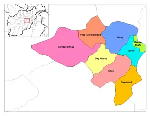 Markazi Behsud District in dark pink in the west