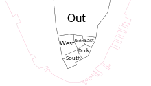 Map of the wards of New York City that were established in 1683. Five of the six wards were located in what is now the Financial District of Lower Manhattan, while the Out Ward covered the rest of Manhattan. The pink line is the modern shoreline.