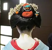 A maiko wearing a blue kimono viewed from the back.