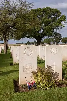 a pair of headstones in a grassy cemetery with further headstones and trees in the background