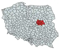 Location of the Warsaw metropolitan area in Poland (in red)