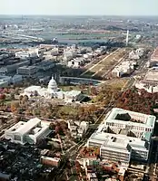 Aerial view of Washington D.C., showing position of the courthouse (lower left) in relation to the Capitol building