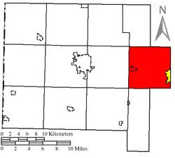 Location of Washington Township (red) in Van Wert County, next to the city of Delphos (yellow)