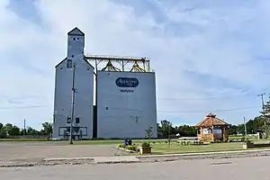 The grain elevator and park in Waskada.