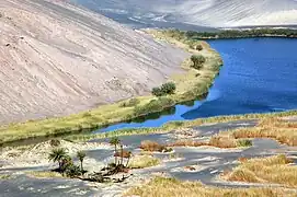 Blue lake surrounded by green-yellow vegetation, within a desert and at the foot of a hill