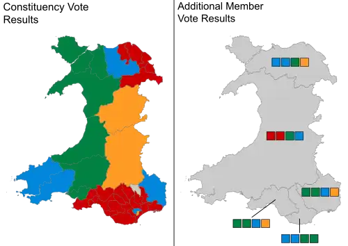 A map showing the constituency winners of the election by their party colours.