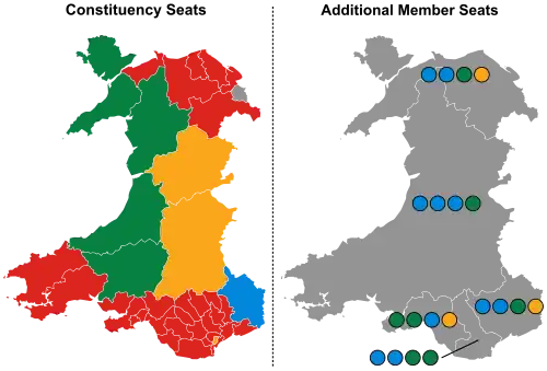 A map showing the constituency winners of the election by their party colours.