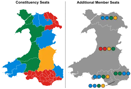 A map showing the constituency winners of the election by their party colours.