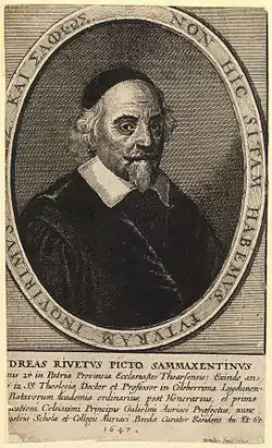 André Rivet, first Rector, by Hollar, 1647, describing him in Latin as "now Curator of the Orange School and College of Breda"