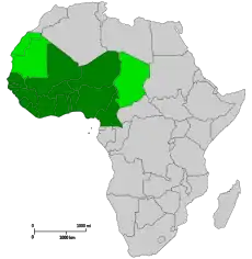 Map of the African continent, with green highlights around the lower western peninsular