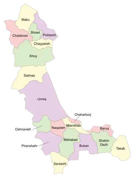 Location of Baruq County in West Azerbaijan province (bottom right, pink)