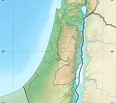 Relief map of the West Bank and surrounding area with cities of Hebron, Jenin, Jerusalem, Nablus, and Ramallah plotted and labeled