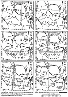 Maps showing proposals the federal government considered when dividing the North-West Territories into provinces.