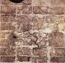 Image 44An early Western Han dynasty (202 BC  – 9 AD) silk map found in tomb 3 of Mawangdui Han tombs site, depicting the Kingdom of Changsha and Kingdom of Nanyue in southern China (note: the south direction is oriented at the top, north at the bottom). (from History of cartography)